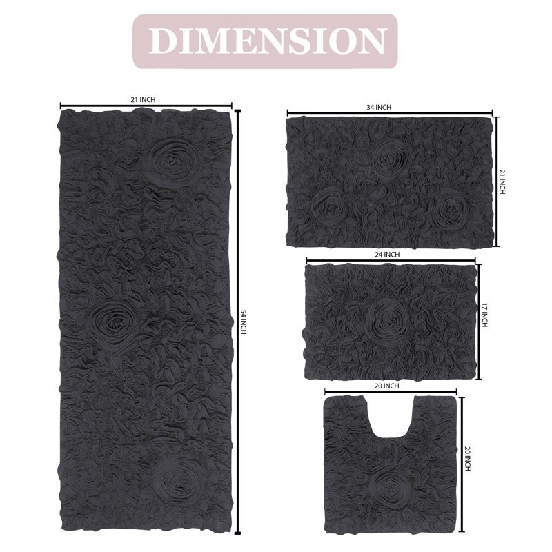 Freida Floral Rectangular 100% Cotton Solid Bath Rugs & Contour Mat (Set of 4), Gray