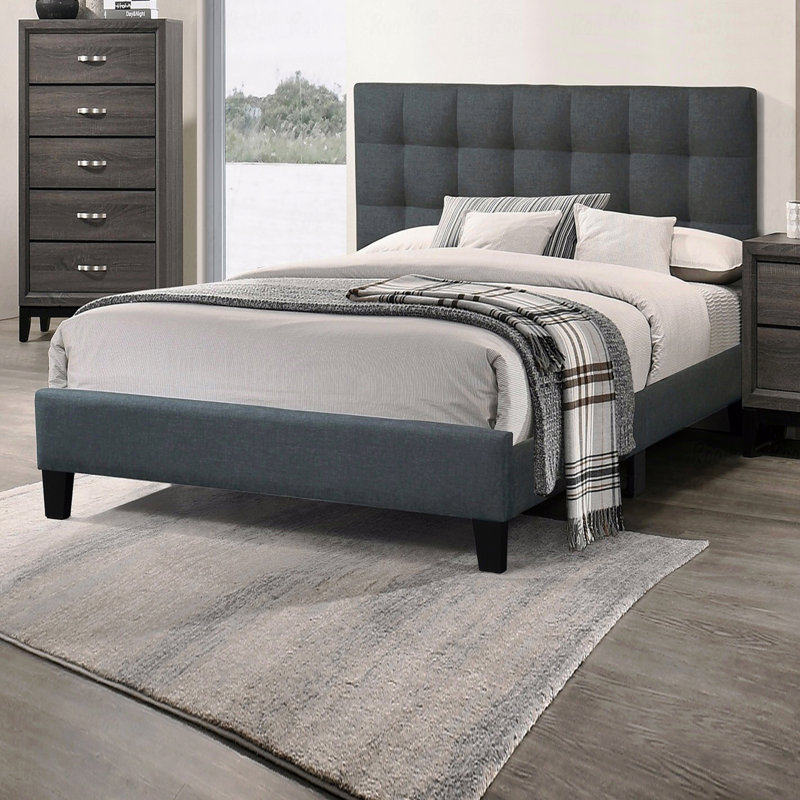 Lit plateforme très grand lit de style moderne 1 pièce en tissu de polyfibre gris anthracite capitonné avec cadre de tête de lit pour la chambre à coucher