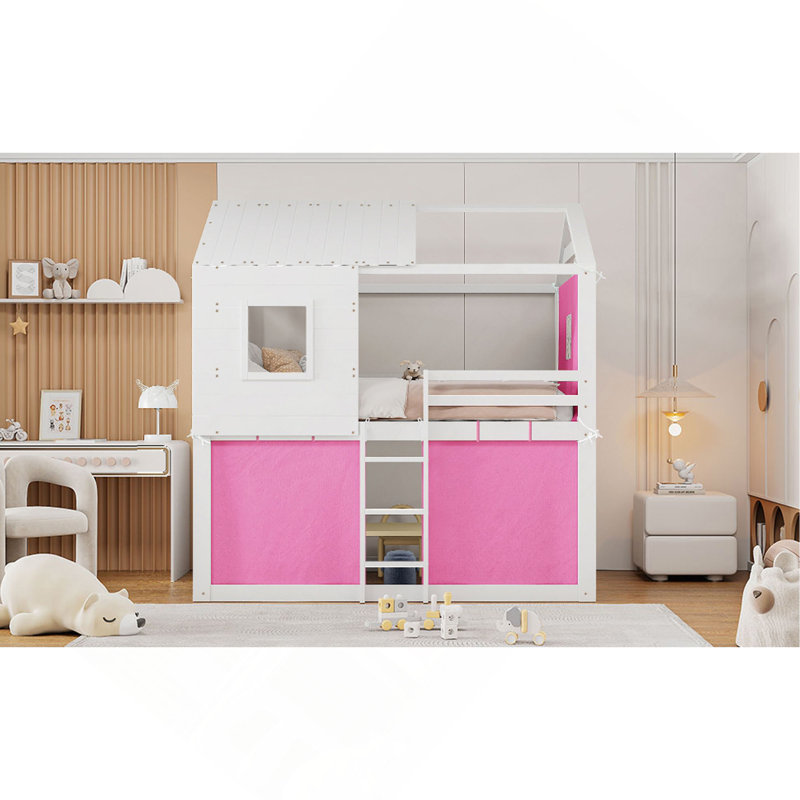 Lit superposé en bois avec tente, Lit double , Rose/Blanc