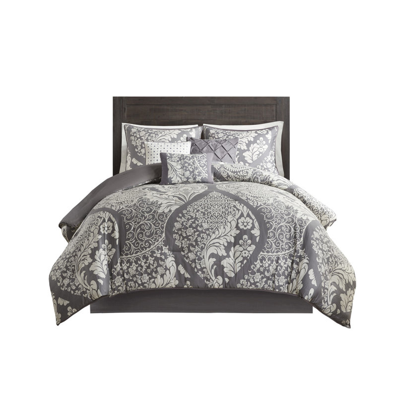 Ensemble d'édredon pour grand lit 7 pièces gris - literie à imprimé damas et rembourrage en polyester hypoallergénique, certifié Oeko-Tex