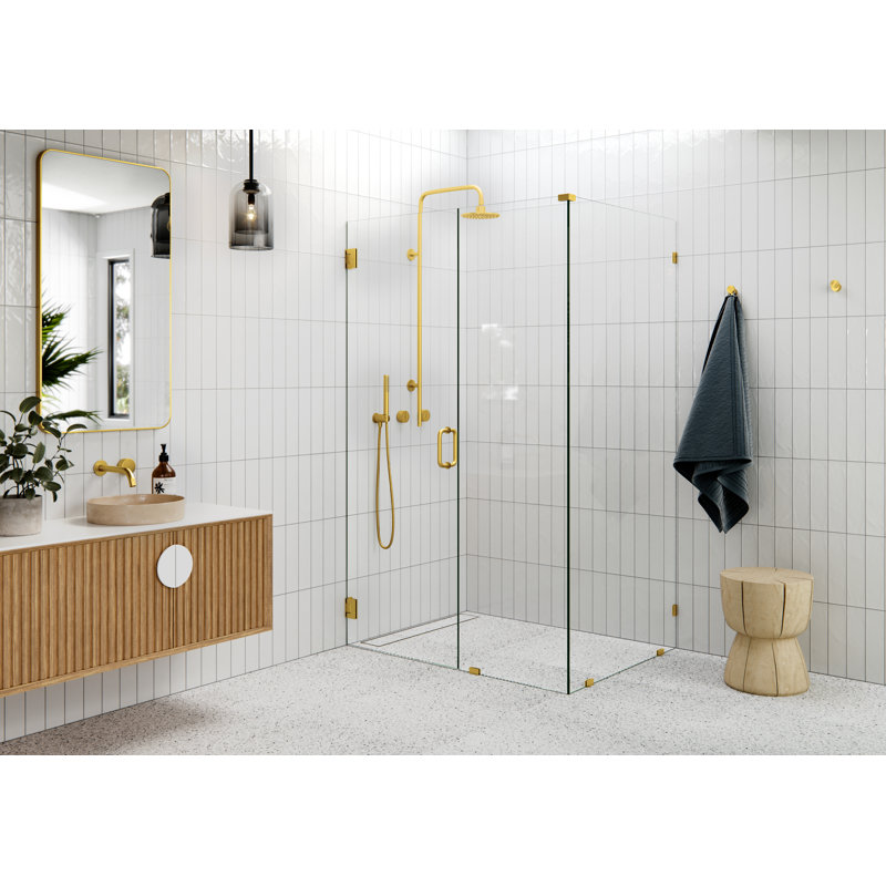 46" W Pivot Frameless Shower Door, Satin Brass