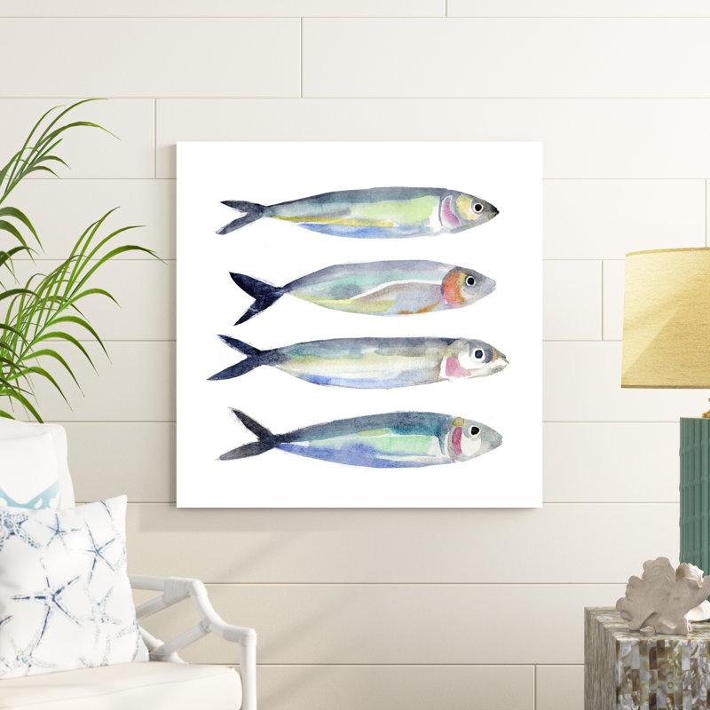«Sardine Team I» par Annie Warren - peinture sur toile tendue, H 36 po x l 36 po