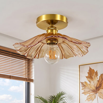11.42" Dimmable Semi Flush Mount Ceiling Light with Lotus Leaf Floral Glass Shade