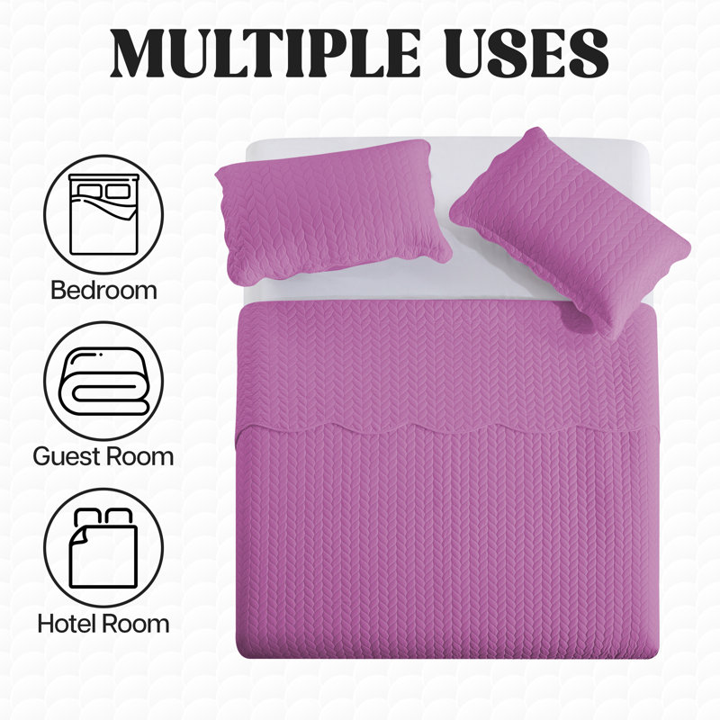 Embossed Quilted Bedspread Set – Soft Microfiber Coverlet With Pillow Shams, Hotel-Style Bedding For High Beds, Purple