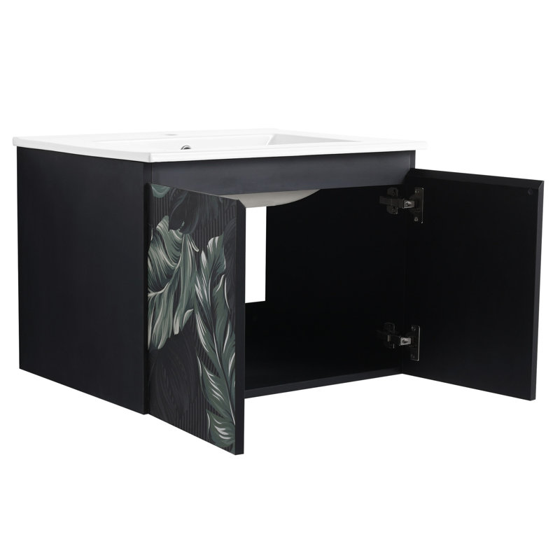 Meuble-lavabo mural 24 po. Armoire noire en contreplaqué avec porte à fermeture en douceur. Lavabo en céramique pour salle de bain moderne 24 po. Silencieusement