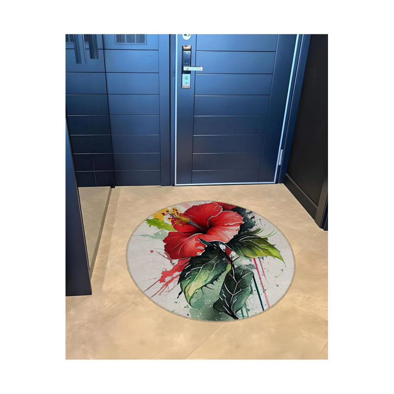 Modern Decorative Carpet With Watercolor-Look Flower Details, Round 3'4"