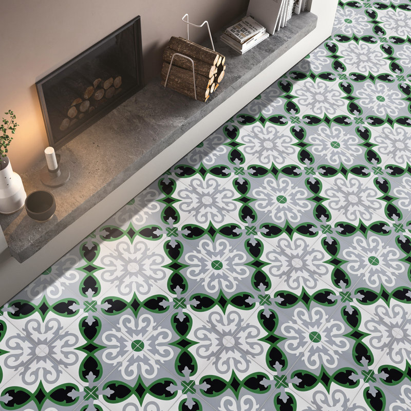 Agadir 8" x 8" Cement Patterned Wall & Floor Tile, Black/Gray/Green