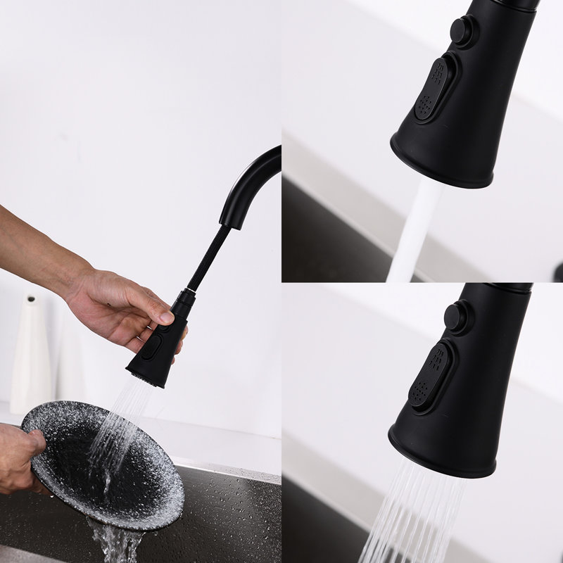 Robinet de cuisine en acier inoxydable noir mat, résistant aux égratignures et à la rouille, bec rotatif à 360 °, rétractable, coulée en acier de 1,8 gal / min avec finition, point d'eau, débit