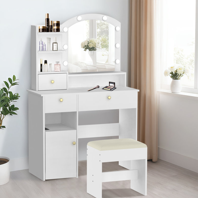 Dressing Table With Built-In Outlets And Led Lighted Mirror, White