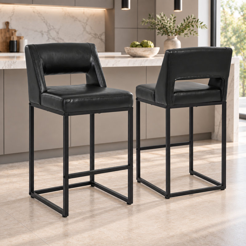 Counter Stool with Steel Frame, Black-Leather