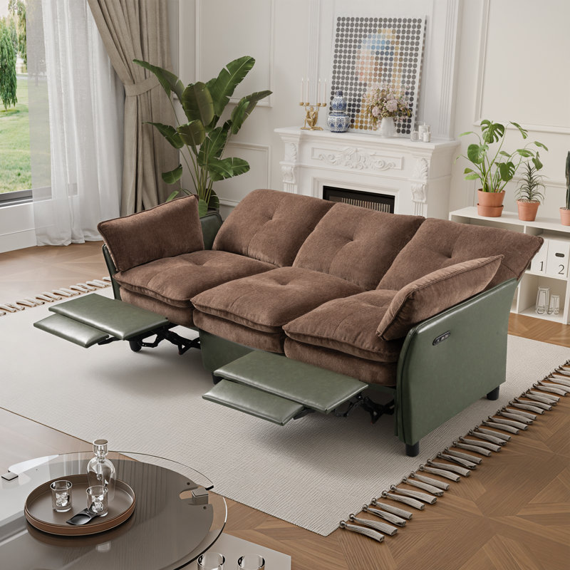 Canapé inclinable électrique de 77 po à deux couches en chenille et en polyuréthane de 77 po de large avec ports USB et Type-C, brun