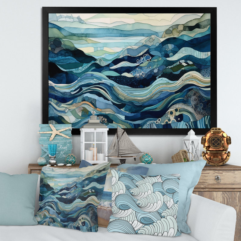 Vagues bleues dorées sur toile, Cadre photo noir, H 12 po x l 20 po x P 1 po