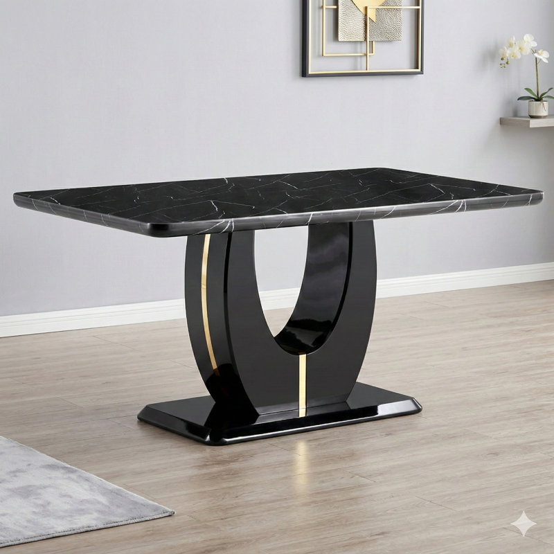 63'' Modern Black Dining Table with Imitation Marble Grain MDF Top, Simple Yet Luxurious Rectangular Design, Functions as Office Desk, Computer Table, Game Desk, or Dining Table for Various Rooms