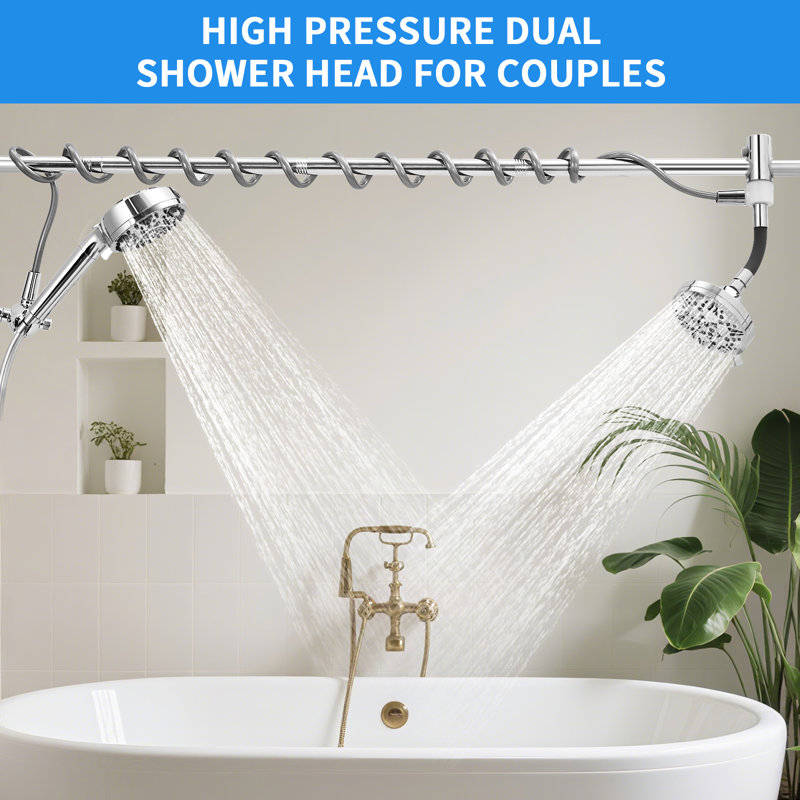Double Shower Head, High Pressure Tandem Shower, 7-Setting Handheld Shower Head, Filter Shower Head 360 Degrees Adjustable Top Spray