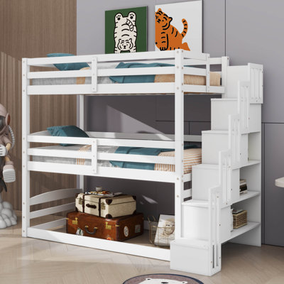 Modern Triple Bunk Bed With Storage Staircase,Wooden Twin Size Bunk Bed With Guardrails