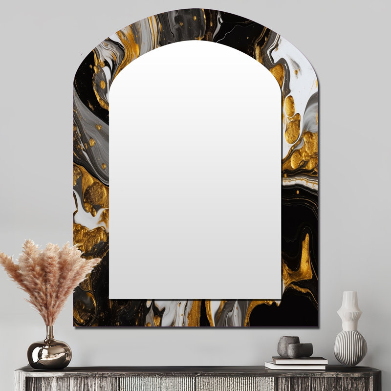 Gold Black Marbled Dreamscape II - Geometric Asymmetrical Wall Mirror, Modern Arch Decorative Mirror, Printed Metal Art
