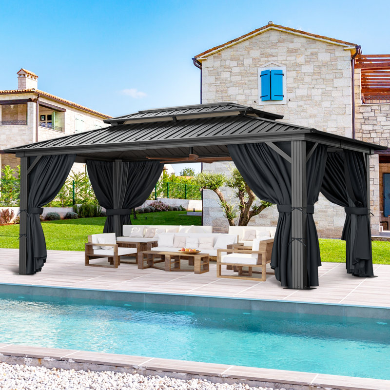 10'x15' Steel Hardtop Gazebo with Double Roof - Weatherproof Aluminum Frame & Netting for Patio, Backyard, Black