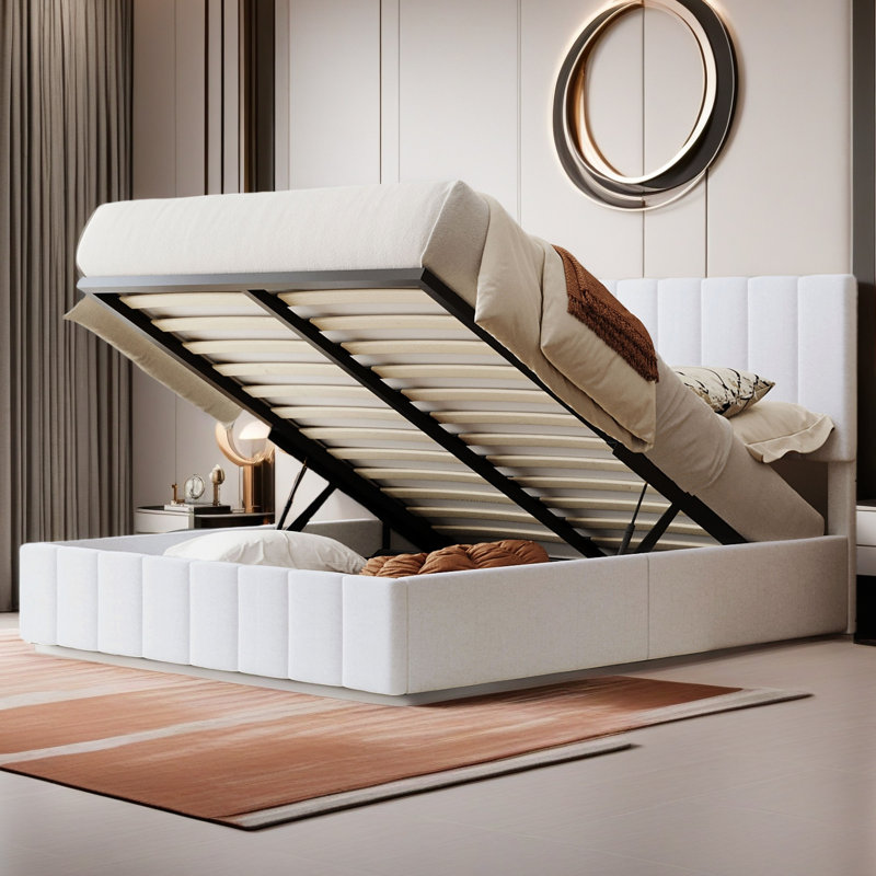 Upholstered Platform Bed With A Hydraulic Storage System, Queen, White