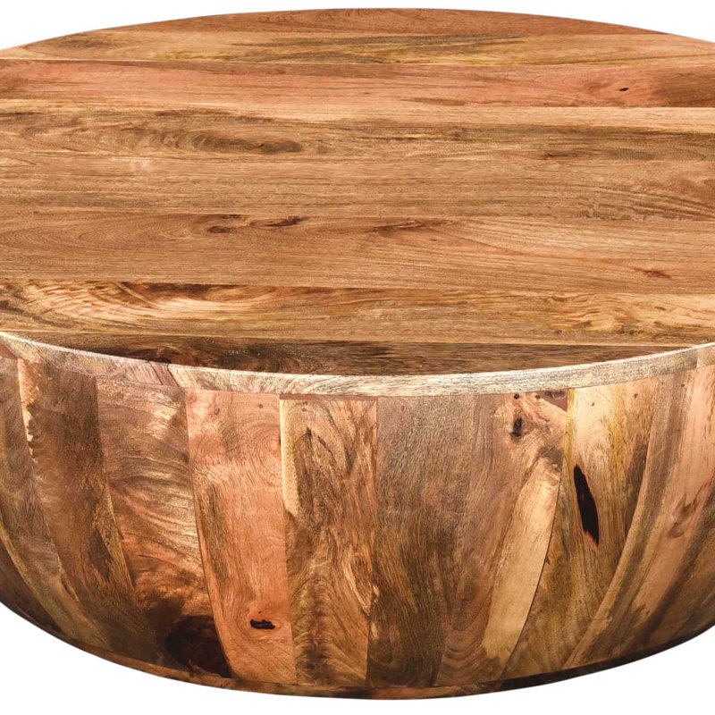 Rustic Mango Wood 35.5" Round Outdoor Drum Coffee Table in Dark Brown
