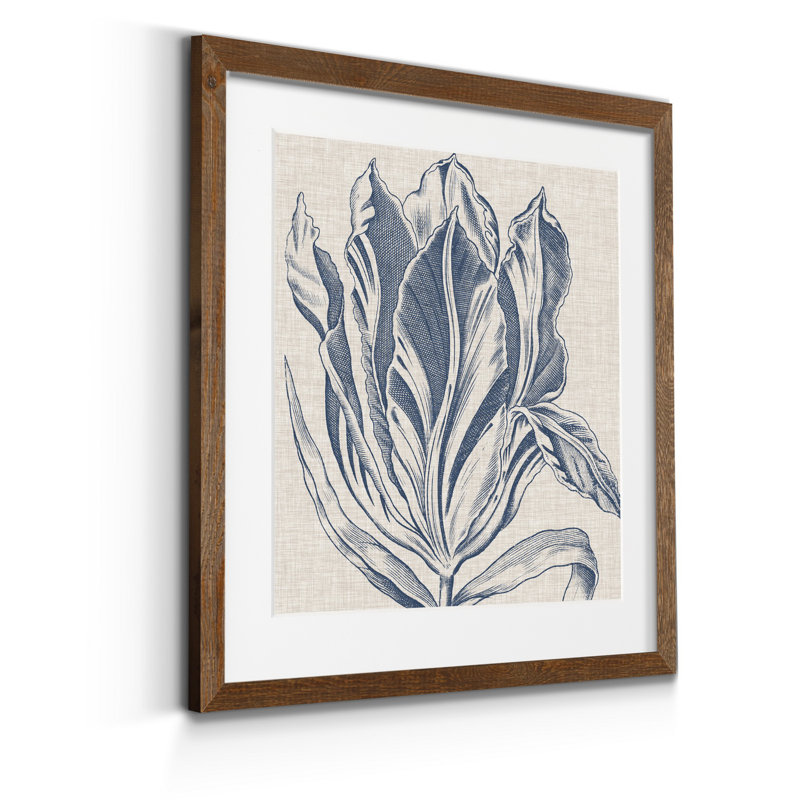 Reproduction d’art sur toile imprimée encadrée sur toile Indigo floral sur lin, H 17 po x l 17 po x P 1,5 po, Blanc mat