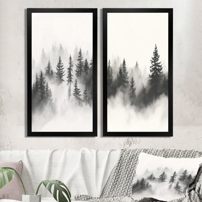 «Grey and White Foggy Pines - Black White Forest», art mural 2 pièces