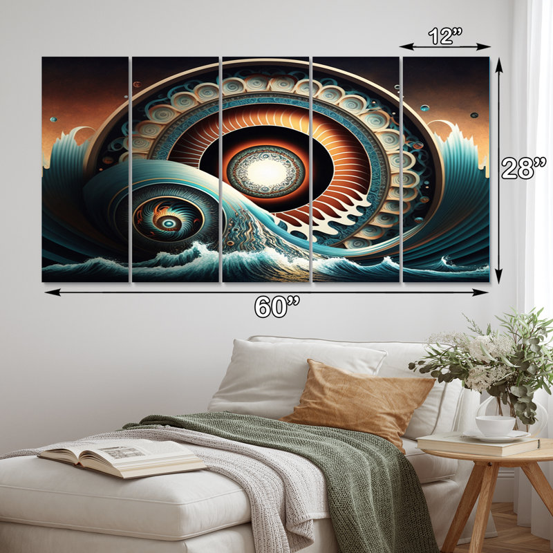 Futur paysage marin des vagues de l'océan VII - formes abstraites sur toile - 5 panneaux égaux