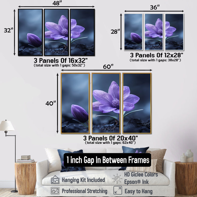 Ensemble de décorations murales noires et mauves, Toile encadrée flottée blanche, H 40 po x l 60 po