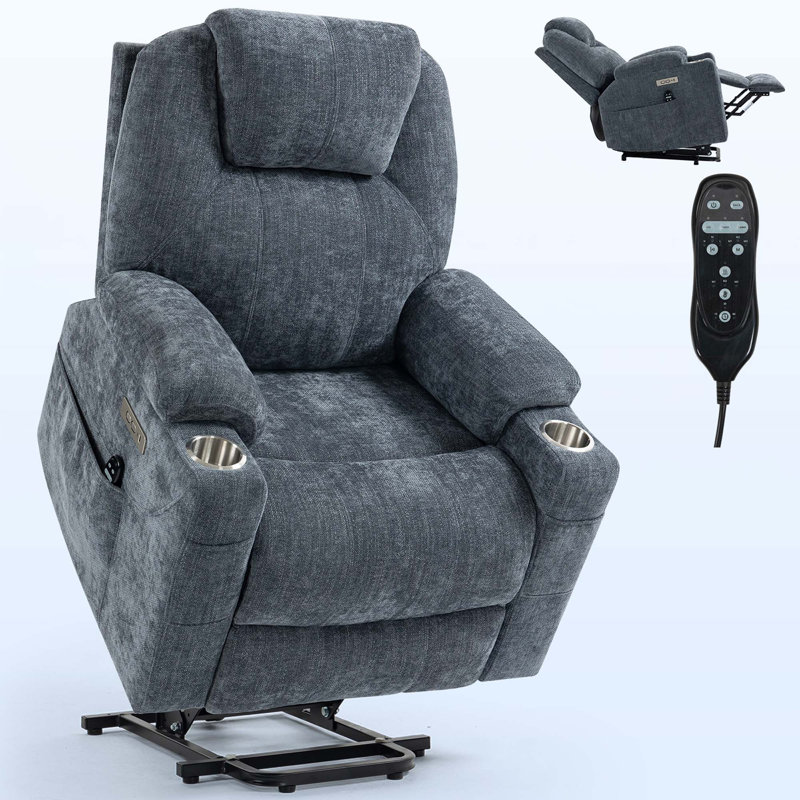 Up To 350 LBS Chenille Power Lift Recliner Chair, Heavy Duty Motion Mechanism With 8-Point Vibration Massage And Lumbar Heating, USB And Type-C Ports, Stainless Steel Cup Holders