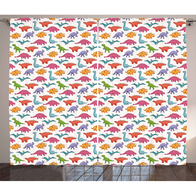 Colorful Cartoon Dinosaur Light-Filtering Polyester Curtain Panels, 63" x 108"