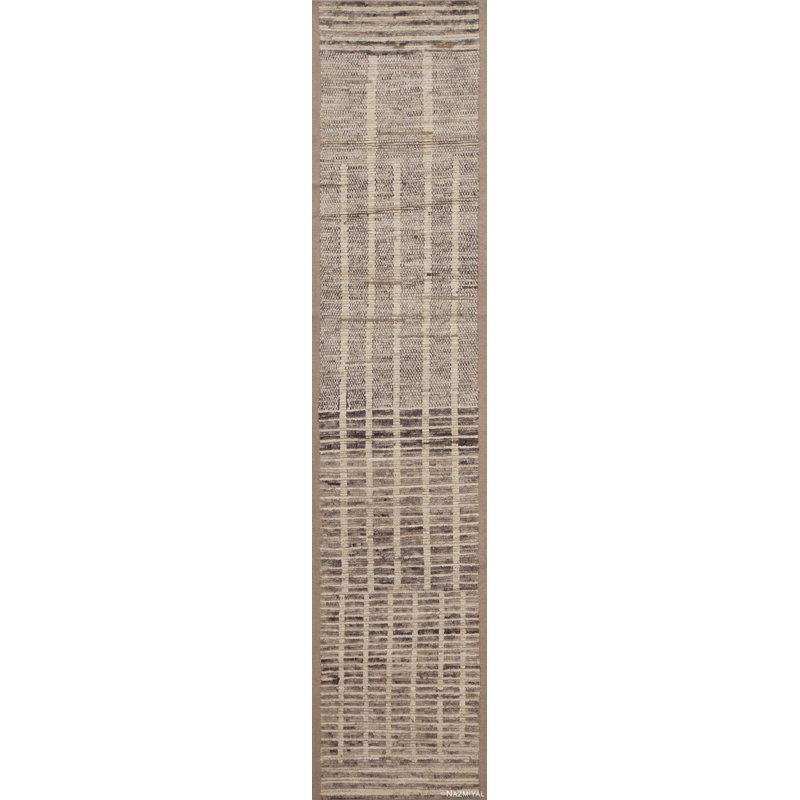 Tapis de couloir contemporain contemporain à motif géométrique neutre gris / sable / ivoire One-of-a-Kind