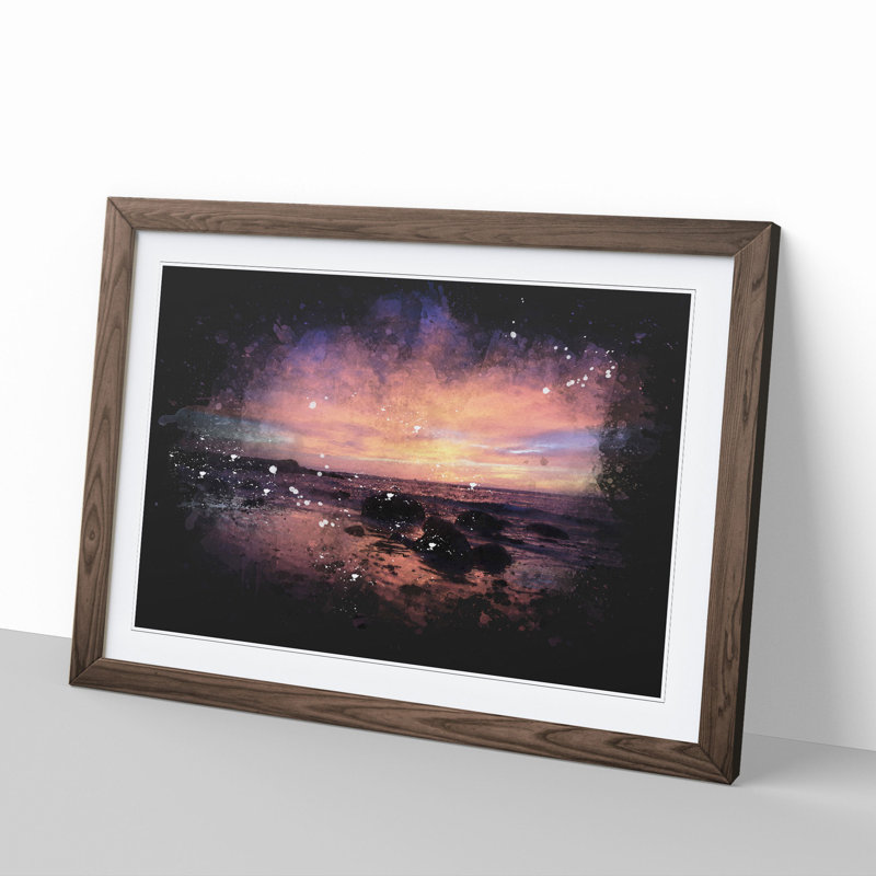 Purple Beach Sunset - Single Picture Frame Print on Wood, Walnut Framed, 27cm H x 36cm W x 2cm D