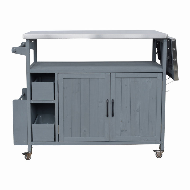 Îlot de cuisine 54,33 po avec plateau en acier inoxydable, Bleu gris