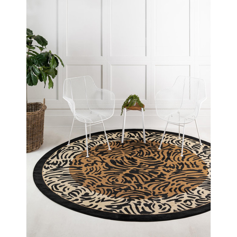 Round 7'10" Light Brown and Black Animal Print Synthetic Rug