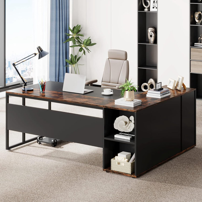 Bureau de direction en L 71 po avec armoire de rangement et tablettes, Brun / Noir