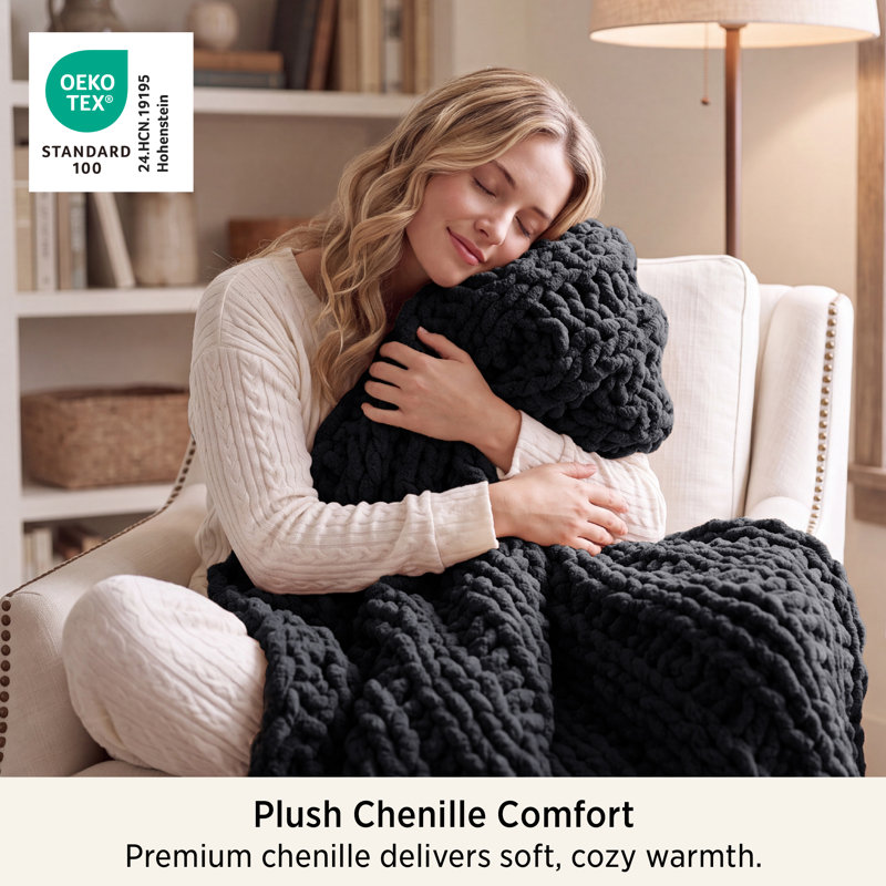 Hand-Knit Chenille Chunky Throw Blanket, Black