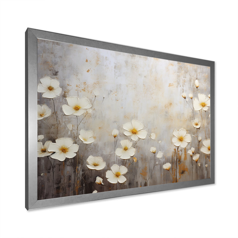 «Elegant Beige and Grey Buttercups Meadow I», reproduction sur toile, H 12 po x l 20 po x P 1 po, Cadre simple argenté