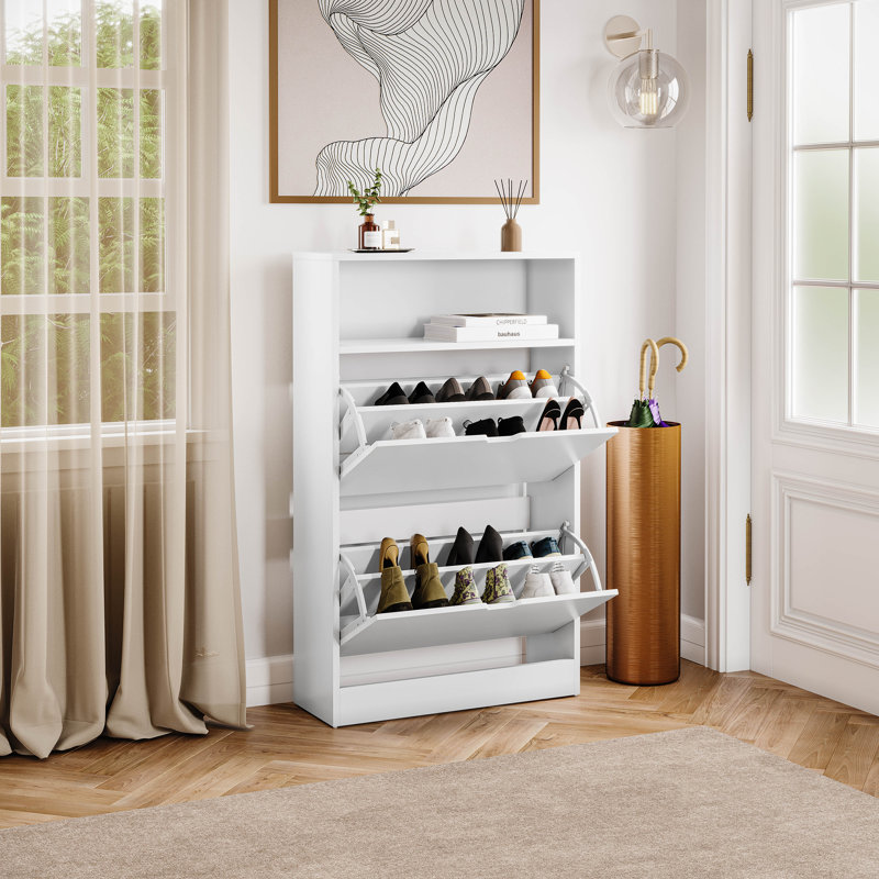 2 Drawer Shoe Cabinet with Open Shelf Modern Storage Furniture for Hallway Living Room Bedroom, White