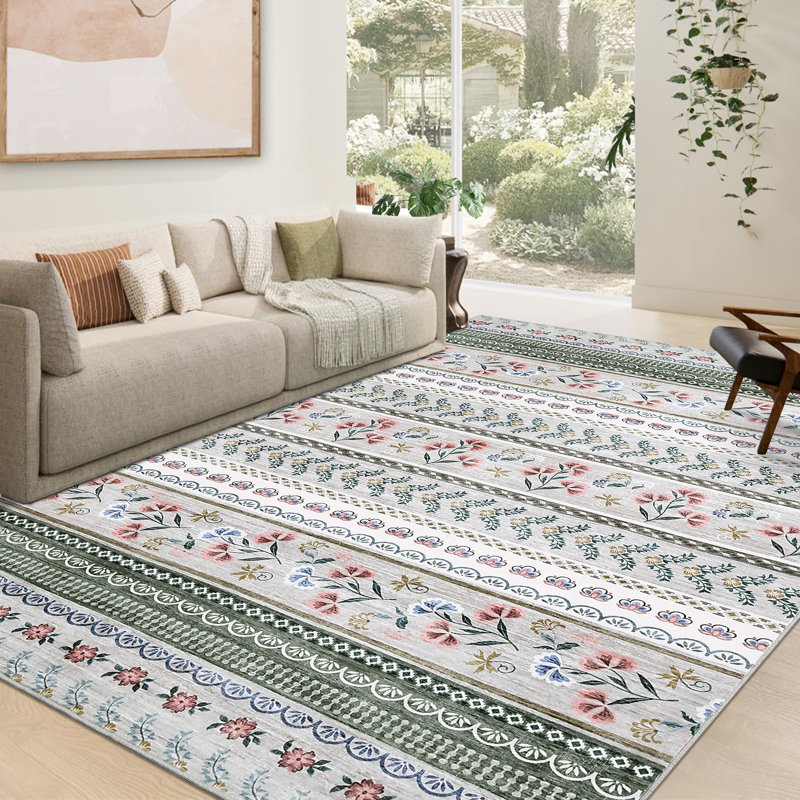 Floral Machine Washable Rug with Rubber Non-Slip Backing for Living Room, Dining Room, Bedroom, Office & Playroom