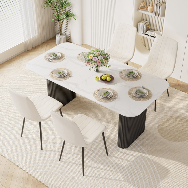 Ensemble de table de salle à manger 70,9 po Marble Texture, Beige, Noir, 5