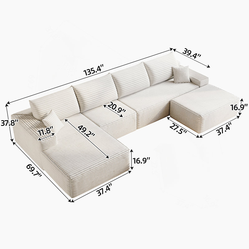 Canapé modulaire de 135 pouces avec repose-pieds Cloud, canapé rembourré minimaliste moderne, canapé en U confortable pour le salon, aucun assemblage requis