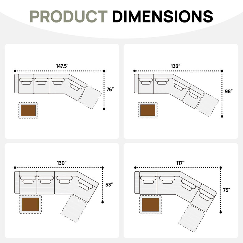 Canapé modulaire surdimensionné en L de 147 po de 147 po, canapé 6 places moderne avec 2 repose-pieds de rangement, Gris