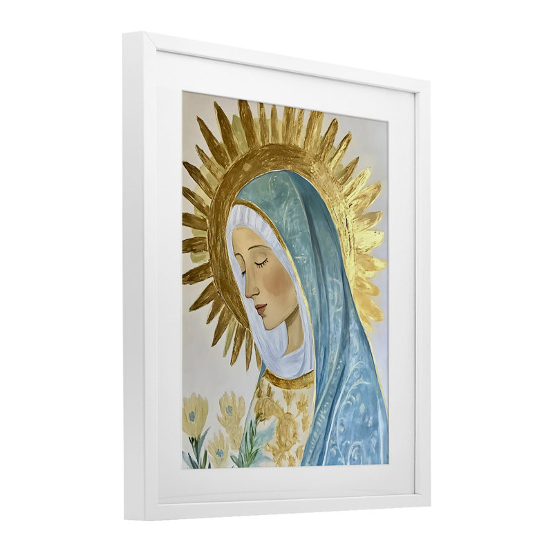 Sainte Marie en doré encadré sous verre, design par Franklyn Gregory, H 16 po x l 13 po, Cadre blanc côtier