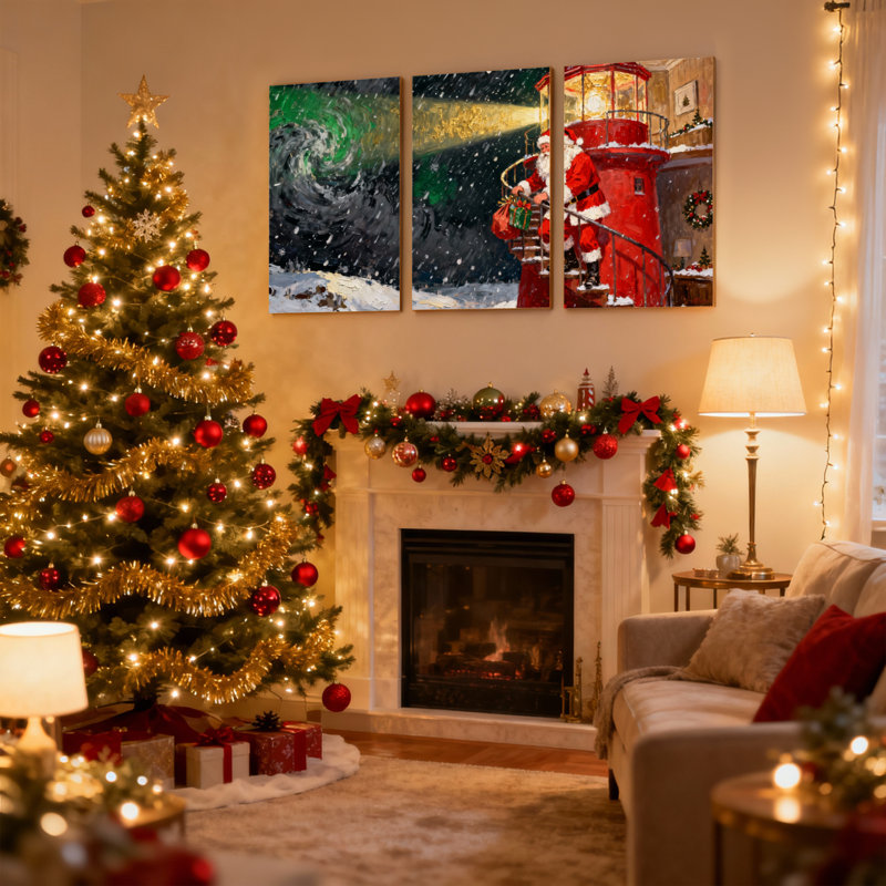 «Christmas Santa Climbs Lighouse Under Northern Lights», ensemble de 3 impressions sur toile, H 18 po x l 36 po
