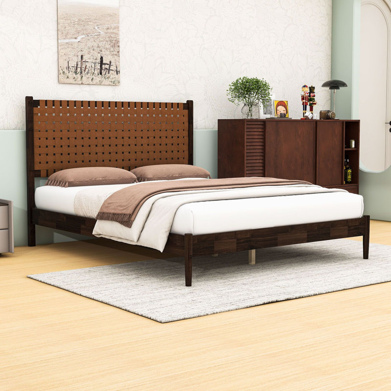 Lit plateforme en bois avec tête de lit en cuir végétalien tissé, Grand lit, Marron foncé