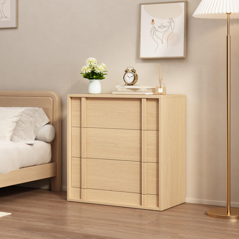 Table de chevet 3 tiroirs pour chambre à coucher, table de chevet moderne beige avec poignée verticale, armoire de rangement en bois pour le salon, le vestibule, le dortoir