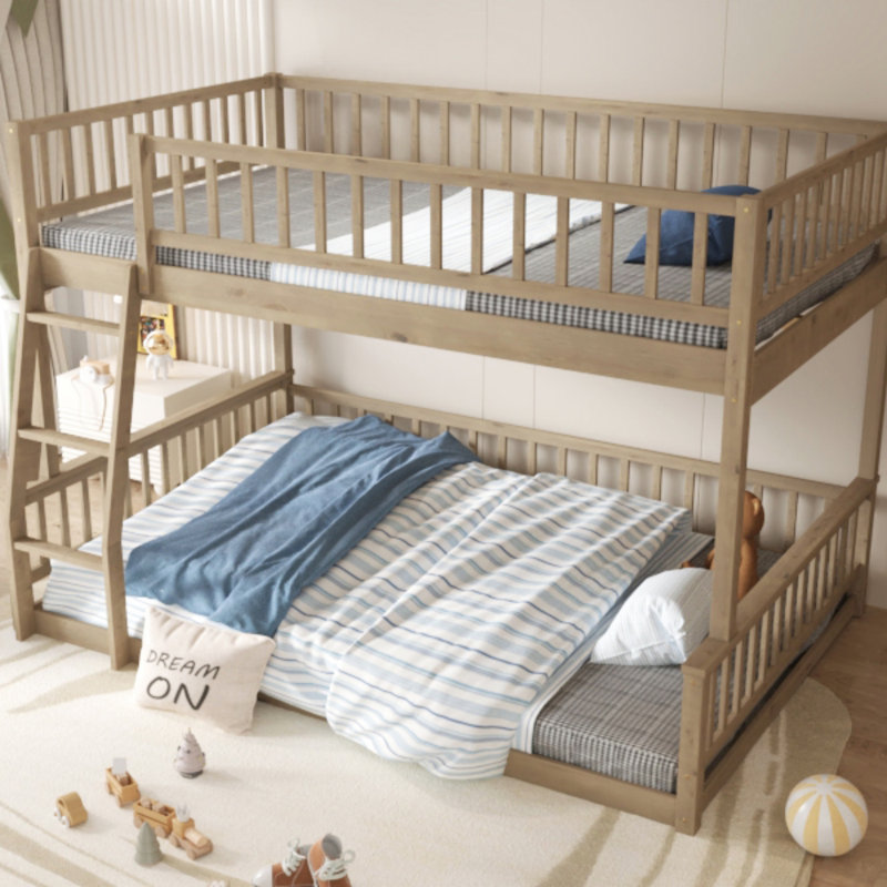 Full XL Over Queen Bunk Bed With Ladder And Guardrails, Walnut, Full XL Over Queen