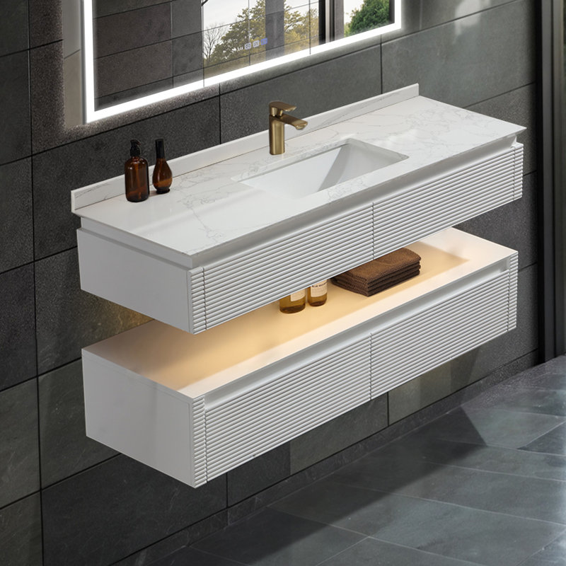 Solid wood 48'' Modern Wall Mounted Single Bathroom Vanity with Engineered Marble Top and Light, White
