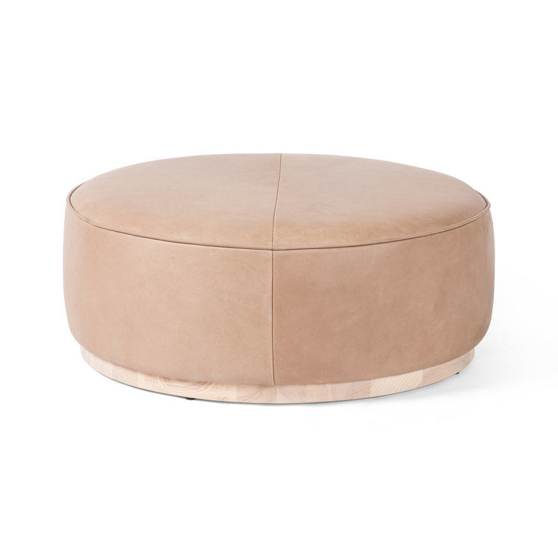 Sinclair Round Ottoman, Harness Burlap Faux leather, Natural Whitewash Ash