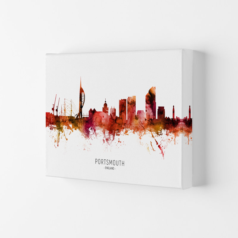 Portsmouth England Skyline Red City Name by Michael Tompsett - Print, 21cm H x 29.7cm W x 4cm D, Wrapped Canvas