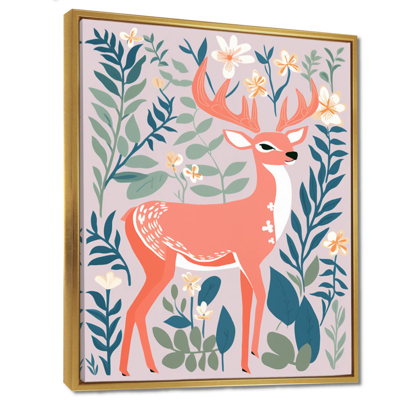 Graphique, cerf dans la forêt - art mural animal cerf, Toile avec cadre doré, H 40 po x l 30 po x P 1,5 po